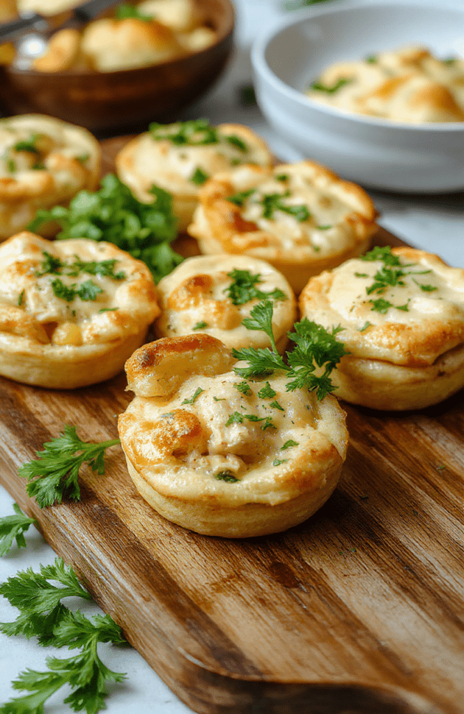 Colorful mini chicken pot pies neatly arranged on a rustic wooden tray, golden and flaky crust topped with herbs, revealing creamy filling with vegetables and shredded chicken, styled with fresh parsley for a cozy, inviting look