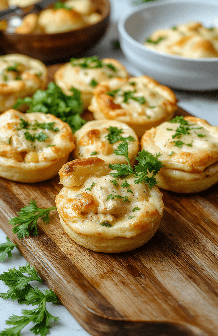 Colorful mini chicken pot pies neatly arranged on a rustic wooden tray, golden and flaky crust topped with herbs, revealing creamy filling with vegetables and shredded chicken, styled with fresh parsley for a cozy, inviting look