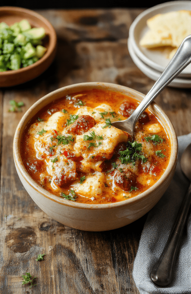A vibrant bowl of lasagna soup with layers of melted cheese, spaghetti noodles, rich tomato broth, and fresh basil garnished on a rustic wooden table.