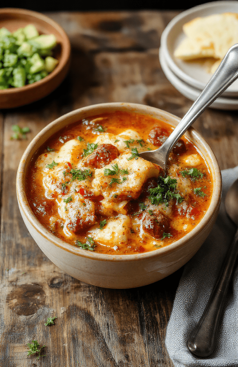 A vibrant bowl of lasagna soup with layers of melted cheese, spaghetti noodles, rich tomato broth, and fresh basil garnished on a rustic wooden table.