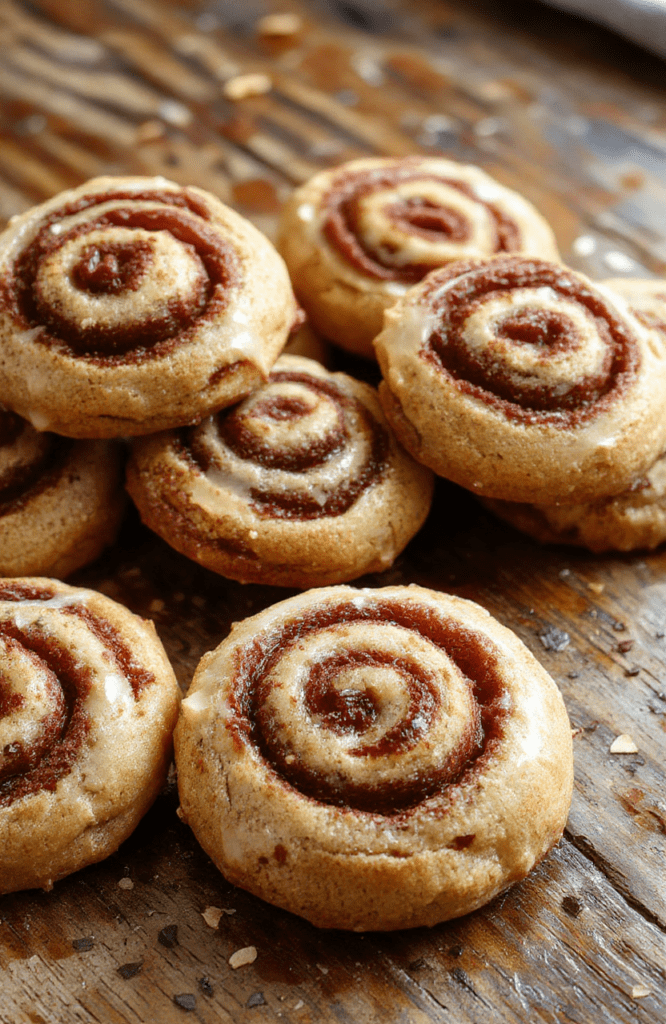 A plate of cozy cinnamon roll cookies with swirled cinnamon filling, golden-brown edges, and a drizzle of icing on top, styled on a rustic wooden table with autumn leaves in the background, showcasing a warm and inviting fall dessert.