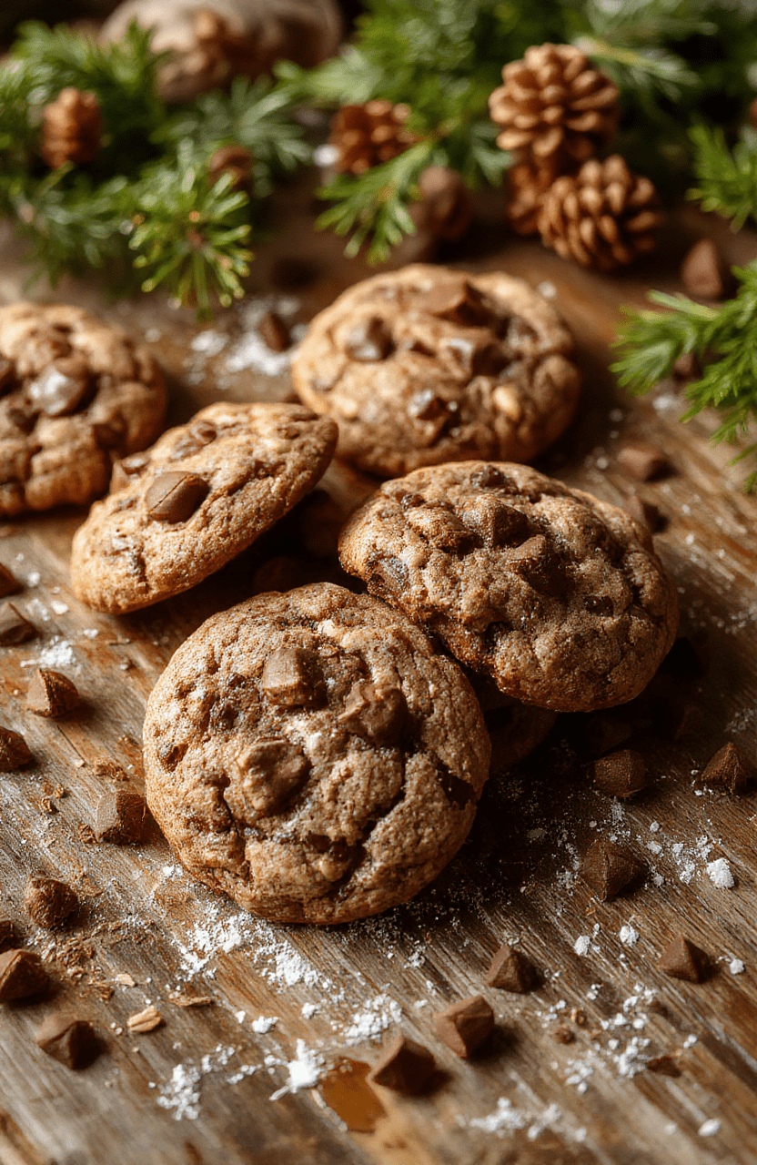 A plate of cozy hot chocolate cookies with swirls of melted chocolate and marshmallows on top, arranged on a rustic wooden surface with a warm background suggesting a winter setting. The cookies are golden-brown with a soft texture, topped with whipped cream and cocoa powder, styled for a comforting winter vibe.