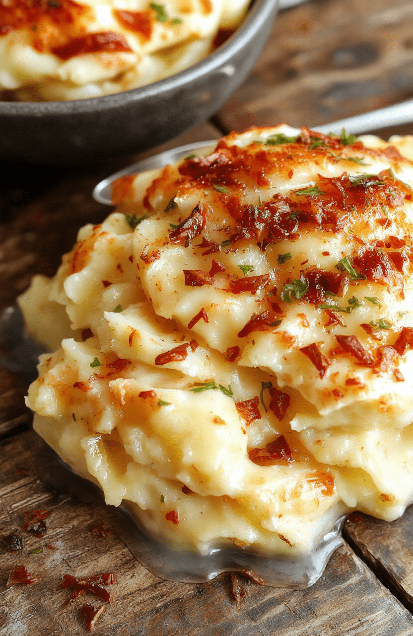 A creamy, golden baked mashed potatoes served in a rustic white bowl with a smooth, fluffy texture, topped with a sprinkle of chopped herbs and a pat of butter, styled on a wooden table with natural light highlighting the rich, buttery surface.