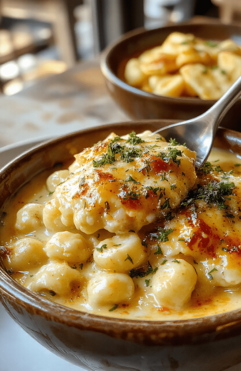 A creamy baked mac and cheese dish with golden melted cheese on top, served in a rustic ceramic dish. The pasta is coated in rich cheese sauce with a crispy, bubbly crust. The dish is styled on a wooden table with fresh herbs sprinkled over and a warm, inviting atmosphere.