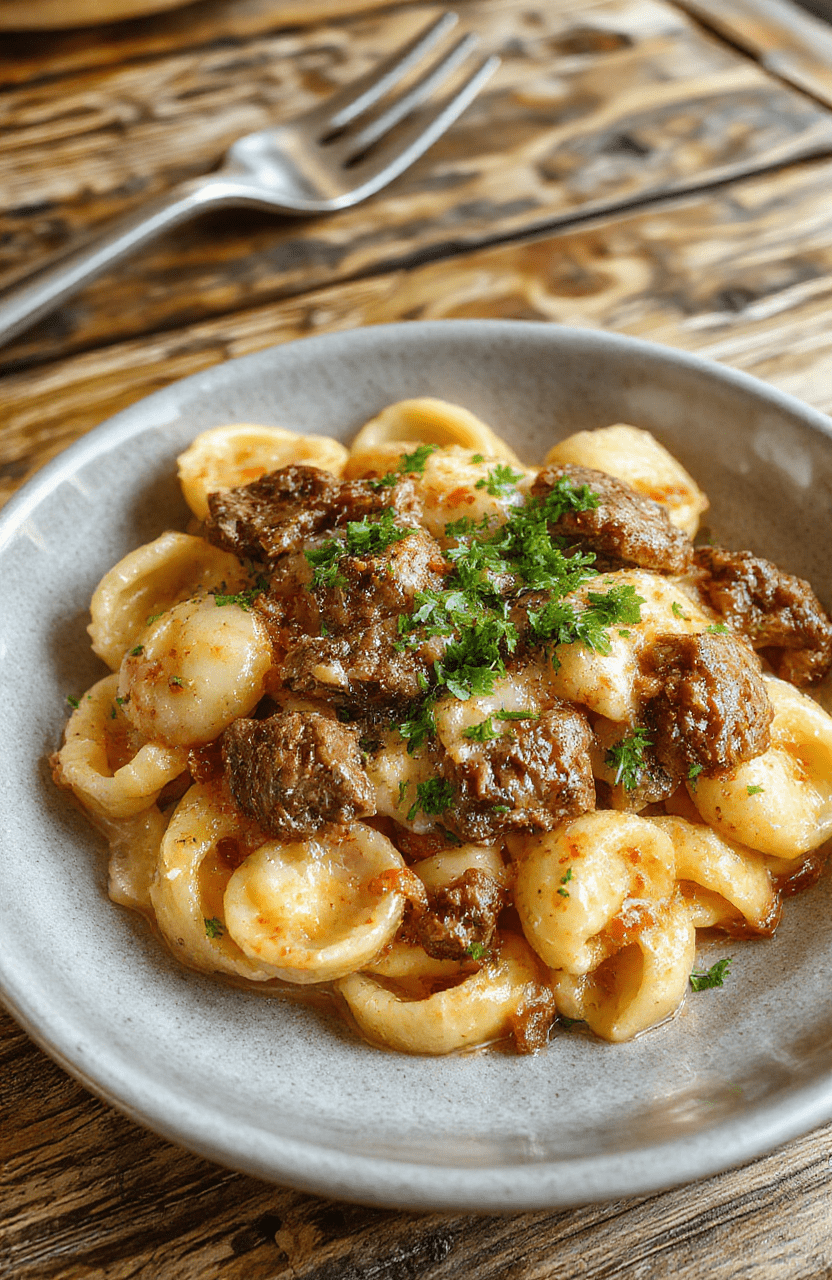 A vibrant plate of creamy beef and shells pasta featuring tender ground beef and perfectly cooked pasta shells coated in a rich, creamy sauce. The dish is garnished with fresh herbs and Parmesan cheese, presented on a rustic wooden table with a colorful background, emphasizing warmth and comfort. The textures are smooth and cheesy with juicy beef bits, styled simply for a cozy dinner setting.