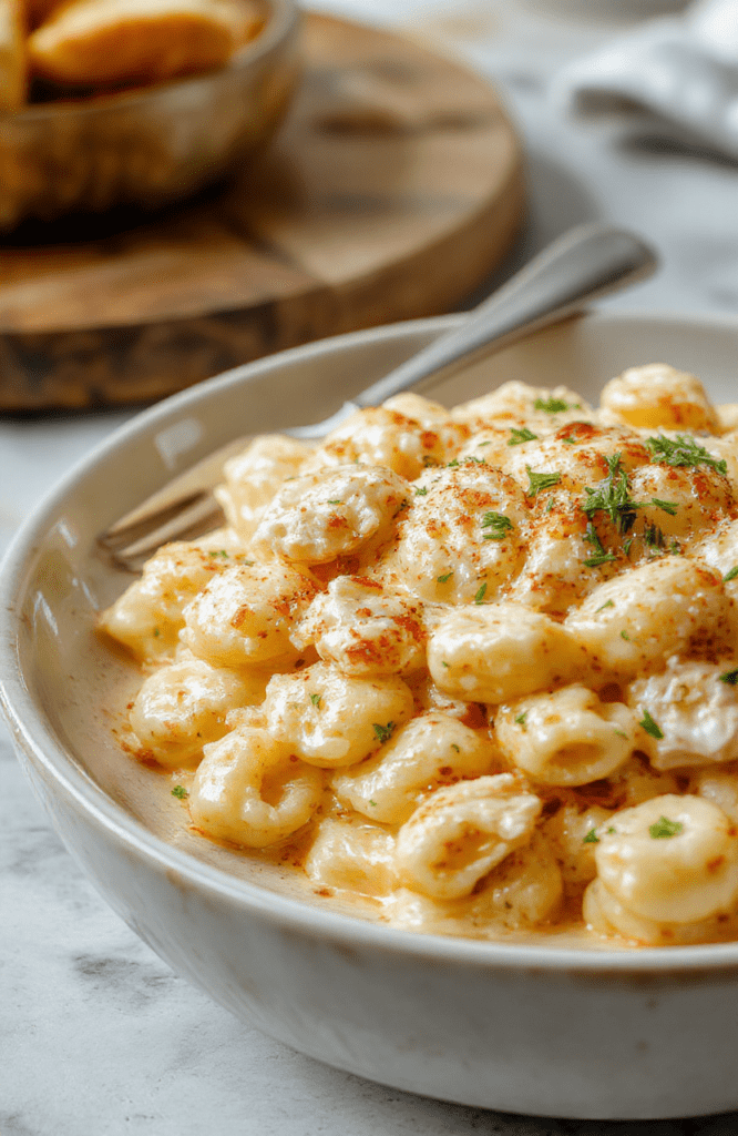 A close-up image of creamy chicken mac and cheese served on a rustic white plate, topped with melted cheddar and parsley, with tender pasta and chunks of chicken visible, styled casually on a wooden table with natural lighting.