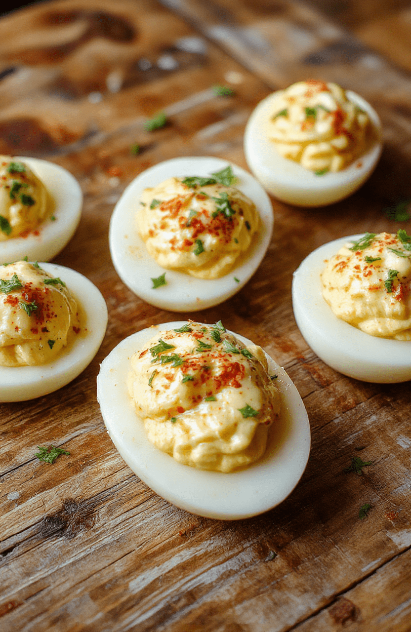 A close-up of creamy classic deviled eggs arranged on a white plate. The eggs are halved, filled with a smooth, pale yellow filling garnished with paprika and chopped chives. The vibrant yellow yolk mixture contrasts with the bright white egg whites, styled on a rustic wooden surface with fresh herbs scattered around, emphasizing textures and inviting presentation.