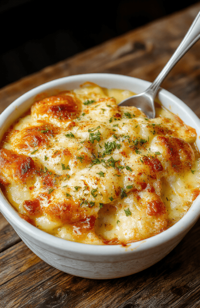 A close-up of a golden-brown creamy potato gratin in a rustic white ceramic dish, garnished with fresh herbs, showing crispy edges and tender layers of sliced potatoes topped with melted cheese, styled on a wooden table with soft natural light highlighting textures and colors.