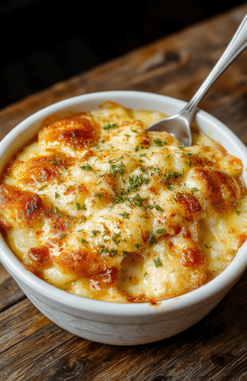 A close-up of a golden-brown creamy potato gratin in a rustic white ceramic dish, garnished with fresh herbs, showing crispy edges and tender layers of sliced potatoes topped with melted cheese, styled on a wooden table with soft natural light highlighting textures and colors.