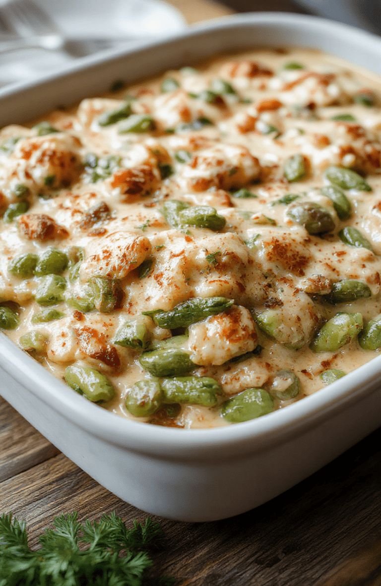 A vibrant green bean casserole in a rustic white baking dish topped with crispy fried onions, steam rising, garnished with fresh herbs, set on a wooden table with holiday decorations in the background