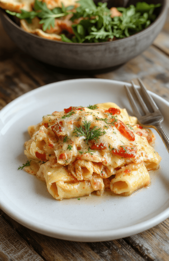 A vibrant plate of creamy Italian rigatoni pasta garnished with fresh basil and grated cheese, served in a white bowl on a rustic wooden table. The pasta has a smooth, rich sauce, with visible ridges of the rigatoni. The background features a casual kitchen setting with natural daylight, emphasizing the appetizing texture and colorful ingredients.