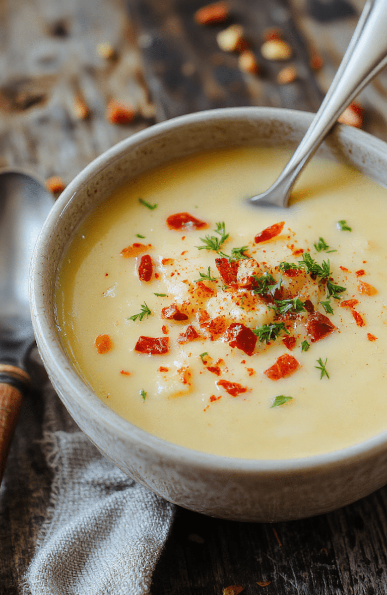 A warm bowl of creamy loaded potato soup topped with shredded cheese, crispy bacon bits, chopped chives, and a dollop of sour cream, with a rustic wooden table and soft natural lighting highlighting the rich textures and vibrant toppings.