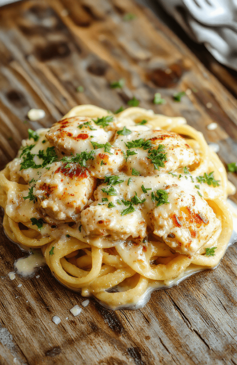 A vibrant plate of creamy parmesan chicken pasta featuring tender pasta noodles coated in rich, cheesy sauce with slices of golden-brown chicken, garnished with fresh herbs and shaved parmesan on a rustic wooden table with a neutral background and soft natural lighting