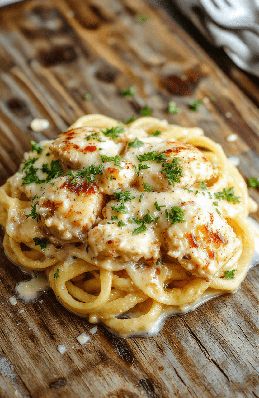 A vibrant plate of creamy parmesan chicken pasta featuring tender pasta noodles coated in rich, cheesy sauce with slices of golden-brown chicken, garnished with fresh herbs and shaved parmesan on a rustic wooden table with a neutral background and soft natural lighting