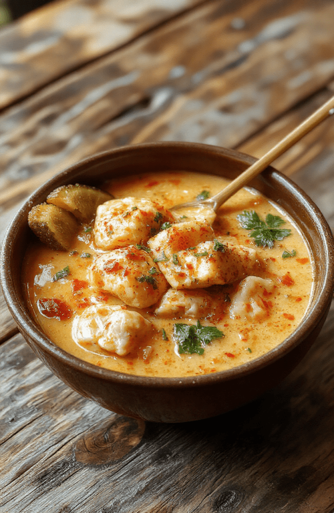 A vibrant bowl of spicy chicken ramen featuring tender slices of chicken, rich creamy broth, soft boiled eggs, green onions, and sesame seeds, all elegantly arranged on a rustic wooden surface. The broth is a rich caramel color with a hint of red chili oil swirl, and the noodles are thick and slightly curly, creating an inviting, flavorful scene with textures and aromatic garnishes.