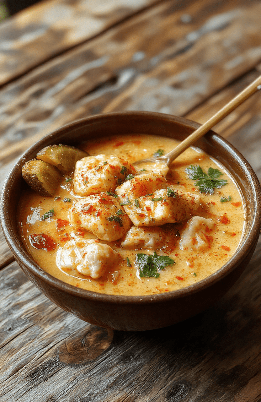 A vibrant bowl of spicy chicken ramen featuring tender slices of chicken, rich creamy broth, soft boiled eggs, green onions, and sesame seeds, all elegantly arranged on a rustic wooden surface. The broth is a rich caramel color with a hint of red chili oil swirl, and the noodles are thick and slightly curly, creating an inviting, flavorful scene with textures and aromatic garnishes.