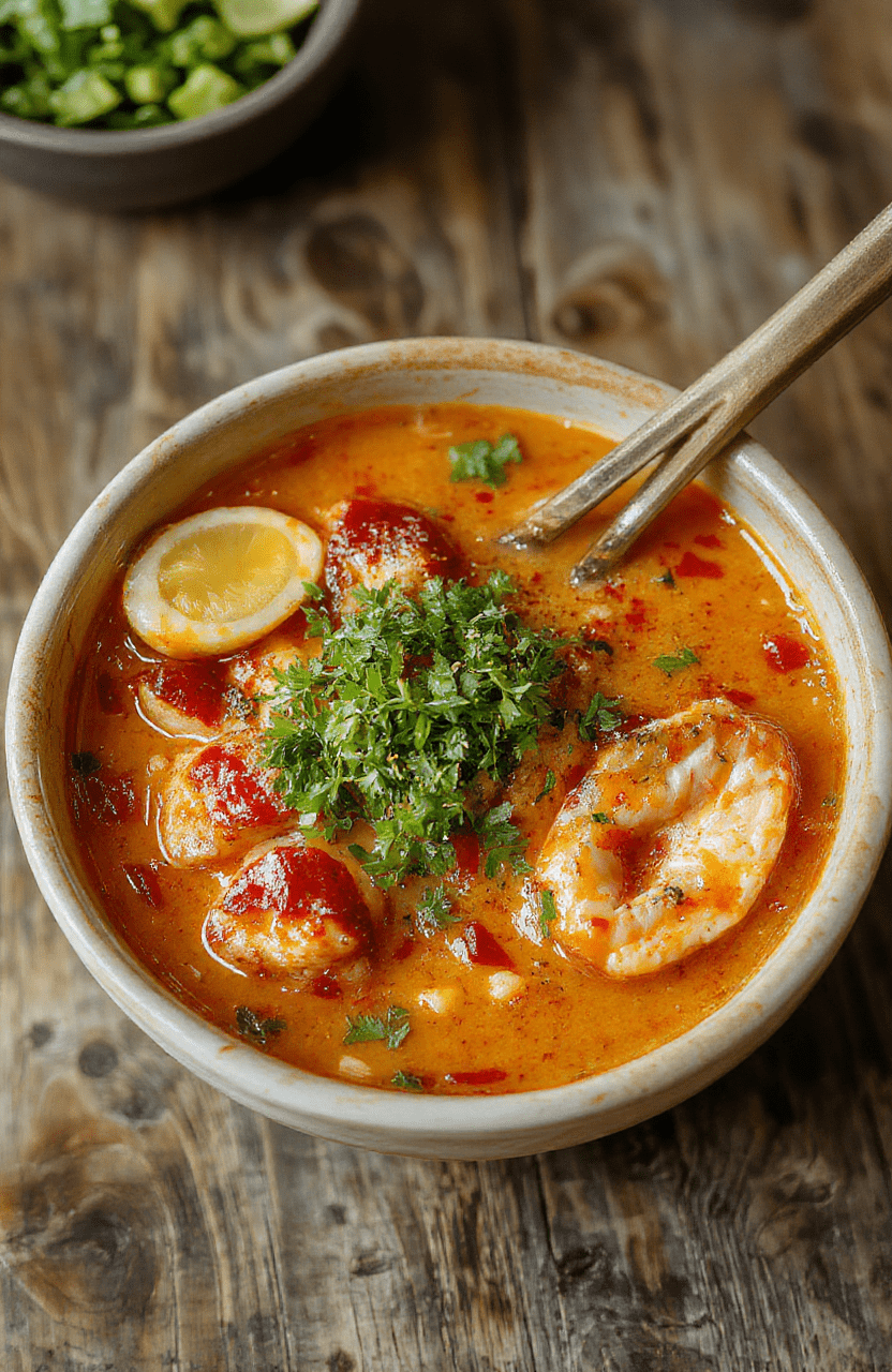 A vibrant bowl of creamy spicy Korean ramen featuring rich broth, tender noodles, vibrant green scallions, and slices of spicy red peppers, styled on a rustic wooden table with sesame seeds sprinkled on top, showcasing a glossy, appetizing presentation with steam rising, in warm lighting.