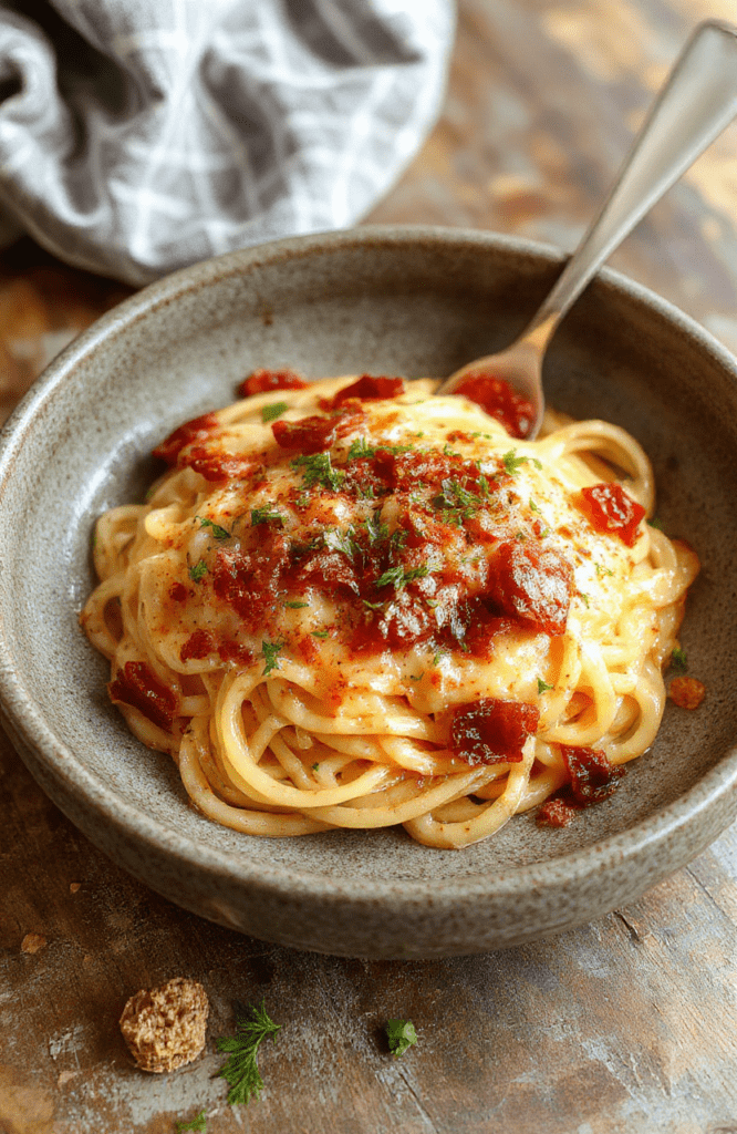 A vibrant plate of creamy spaghetti topped with sun-dried tomatoes and fresh basil, served on a rustic wooden table with a sprinkle of grated cheese, showcasing a rich, smooth sauce with a hint of red from the tomatoes and green from herbs, styled for an inviting and delicious culinary presentation.