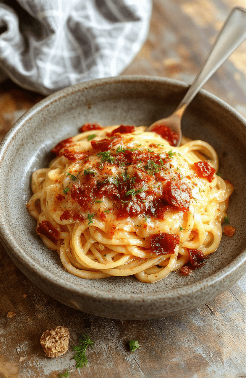 A vibrant plate of creamy spaghetti topped with sun-dried tomatoes and fresh basil, served on a rustic wooden table with a sprinkle of grated cheese, showcasing a rich, smooth sauce with a hint of red from the tomatoes and green from herbs, styled for an inviting and delicious culinary presentation.