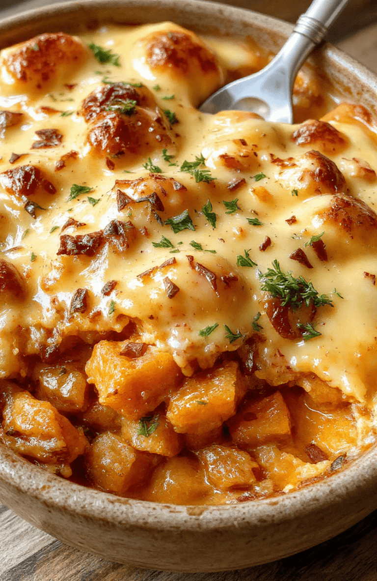 A vibrant creamy sweet potato casserole topped with toasted marshmallows and chopped pecans, garnished with fresh herbs, served in a rustic ceramic dish on a wooden table, with a golden-brown crust and smooth, velvety interior visible, styled with natural lighting and soft shadows to highlight textures and colors.