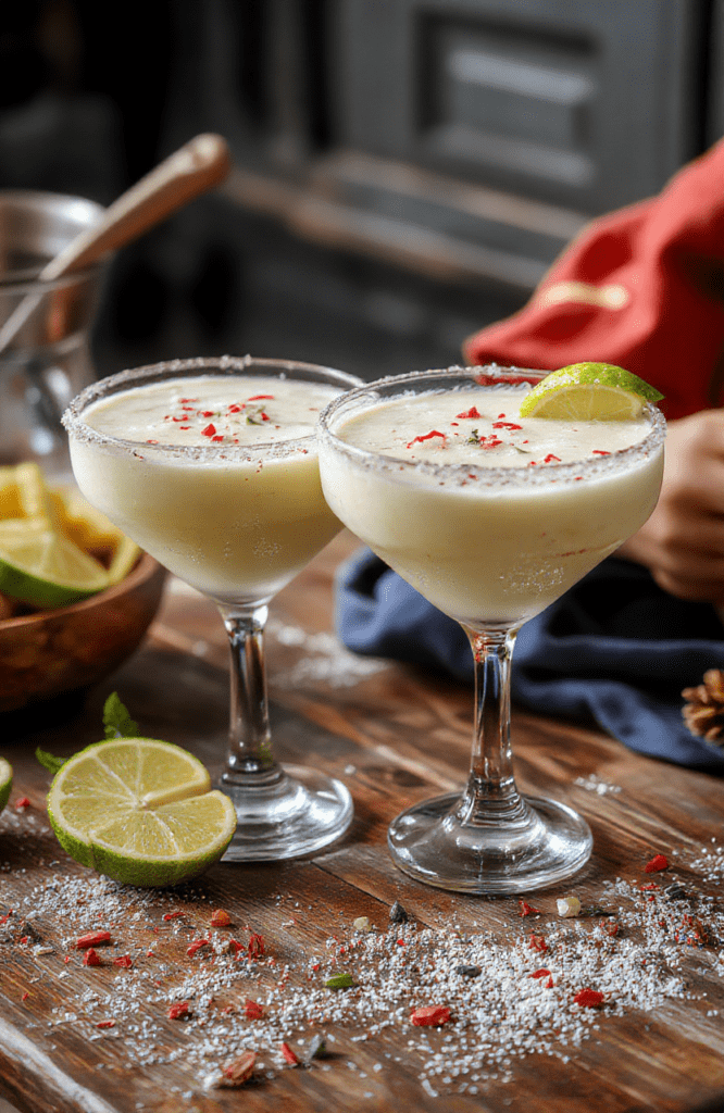 A vibrant pitcher of creamy white Christmas margaritas garnished with lime slices and holiday cranberries, surrounded by festive decorations, crystal glasses showcasing the smooth, frosty drink, with a snowy white background and colorful holiday accents.