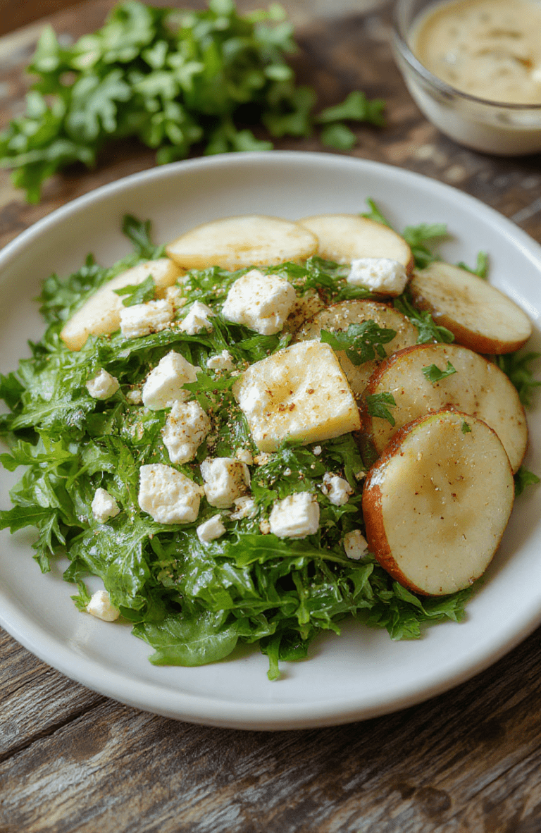 A vibrant crisp apple arugula salad served on a white plate, featuring thinly sliced green apples, fresh arugula leaves, sprinkled with crumbled feta cheese, and drizzled with a light vinaigrette. The colorful ingredients contrast beautifully with a rustic wooden tabletop, styled simply with natural lighting highlighting the textures and freshness of the salad.