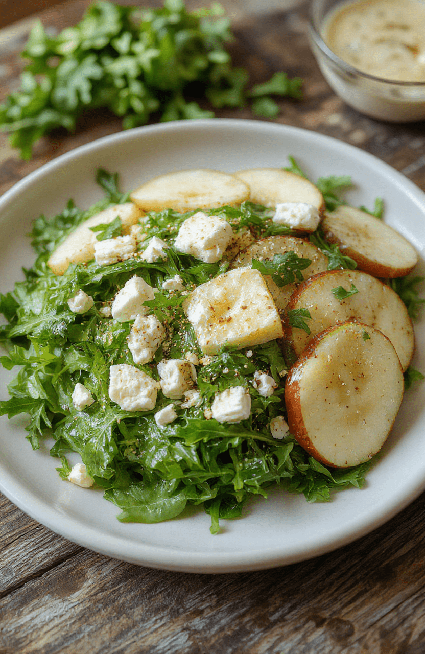 A vibrant crisp apple arugula salad served on a white plate, featuring thinly sliced green apples, fresh arugula leaves, sprinkled with crumbled feta cheese, and drizzled with a light vinaigrette. The colorful ingredients contrast beautifully with a rustic wooden tabletop, styled simply with natural lighting highlighting the textures and freshness of the salad.