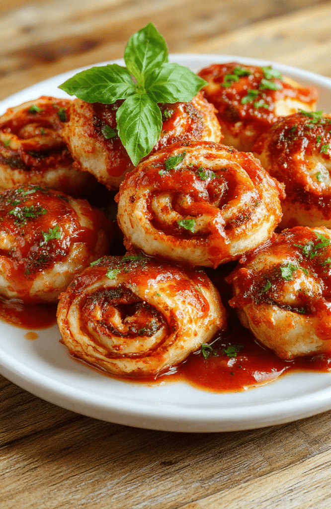 Golden brown and crispy air fryer pizza rolls arranged on a white ceramic plate with a side of marinara sauce, fresh basil leaves on top, vibrant red and green colors contrasting with the shiny black air fryer basket, textured crispy exterior with melted cheese visible inside, styled simply for a home kitchen setting.
