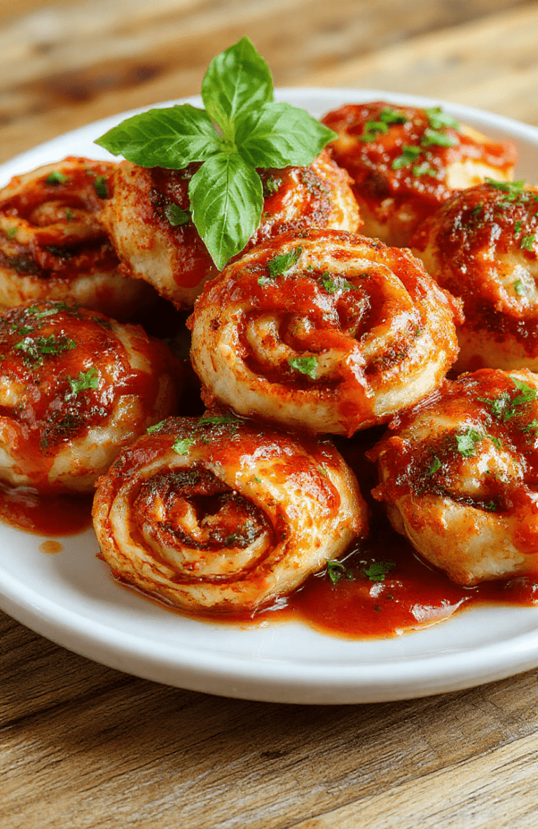 Golden brown and crispy air fryer pizza rolls arranged on a white ceramic plate with a side of marinara sauce, fresh basil leaves on top, vibrant red and green colors contrasting with the shiny black air fryer basket, textured crispy exterior with melted cheese visible inside, styled simply for a home kitchen setting.