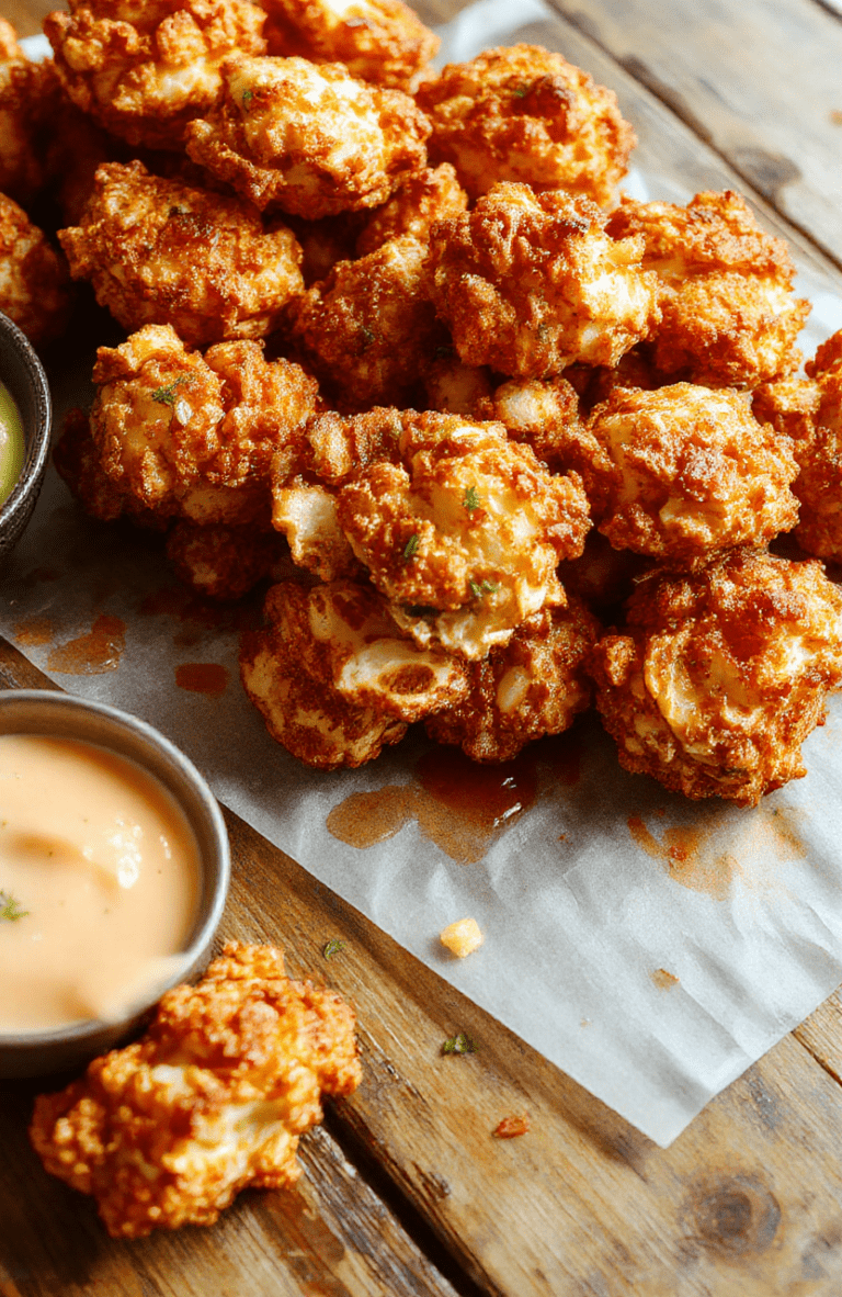 Golden crispy popcorn chicken arranged neatly on a white plate, garnished with fresh herbs, with a background of vibrant napkin and rustic wooden table, showcasing textures of crunchy exterior and tender interior, styled for an inviting presentation.