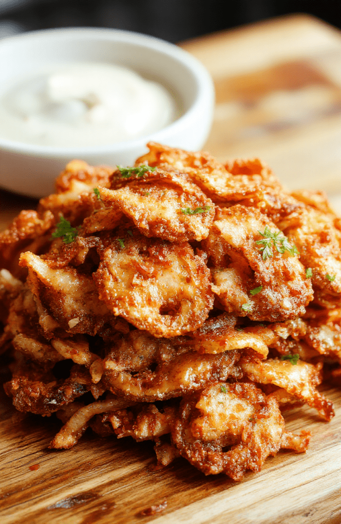 A vibrant plate of crunchy golden fried onions arranged in a rustic bowl. The onions are beautifully crispy, textured, and flaky, with a shiny, inviting coating. The background features a wooden table with a scattering of fresh onions and seasoning, styled simply with a few herbs for garnish. The lighting emphasizes the crispiness and rich color of the onions, creating an appetizing scene perfect for a snack or appetizer.