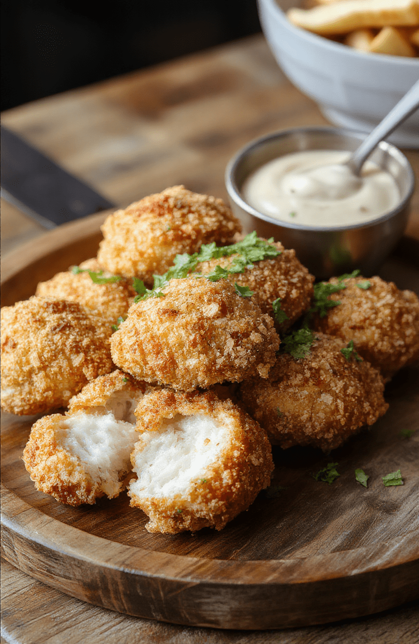 Golden crispy pretzel-coated chicken fillets topped with melted cheese, served on a rustic wooden plate, garnished with fresh herbs, with a crispy texture visible, contrasting with the gooey cheese and crunchy pretzel crust.