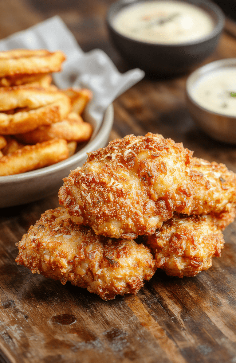 A golden-brown crispy pretzel-coated chicken breast topped with melted cheese, served on a rustic wooden plate, garnished with fresh herbs, with a side of colorful vegetables, textured pretzel crust visible, inviting and flavorful.
