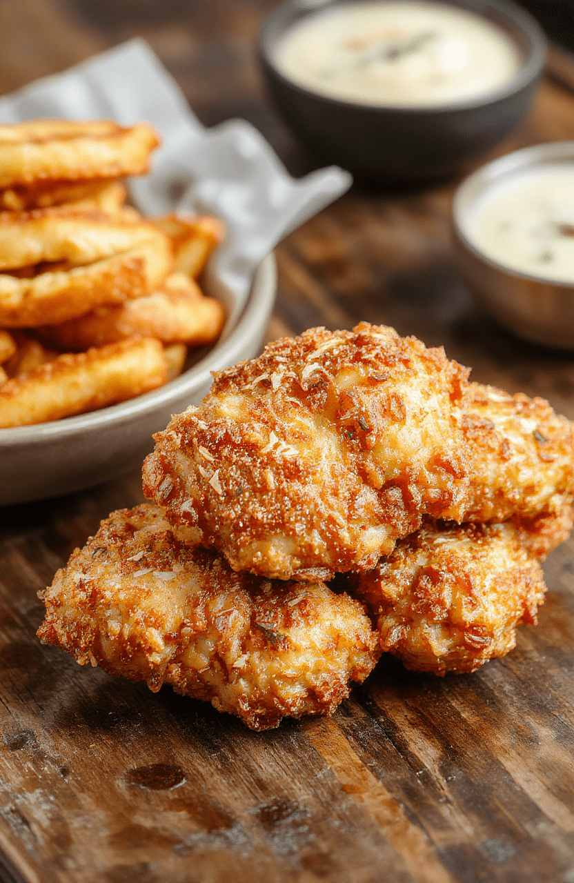 A golden-brown crispy pretzel-coated chicken breast topped with melted cheese, served on a rustic wooden plate, garnished with fresh herbs, with a side of colorful vegetables, textured pretzel crust visible, inviting and flavorful.