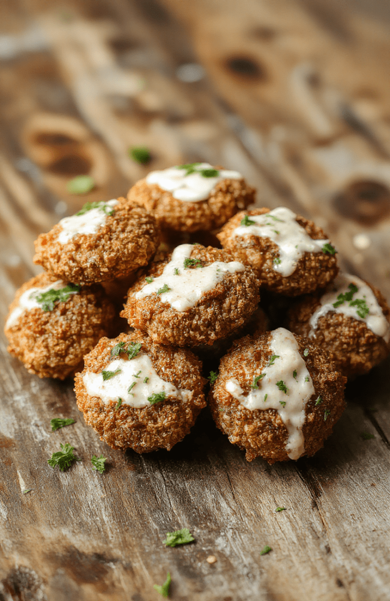 Golden brown crispy mushrooms coated in ranch seasoning, served on a white plate with a garnish of fresh herbs. The mushrooms have a crunchy texture contrasting with a vibrant green salad in the background. The dish is styled simply on a rustic wooden table, showcasing the inviting, savory appearance with a hint of spice and herb herbal accents.