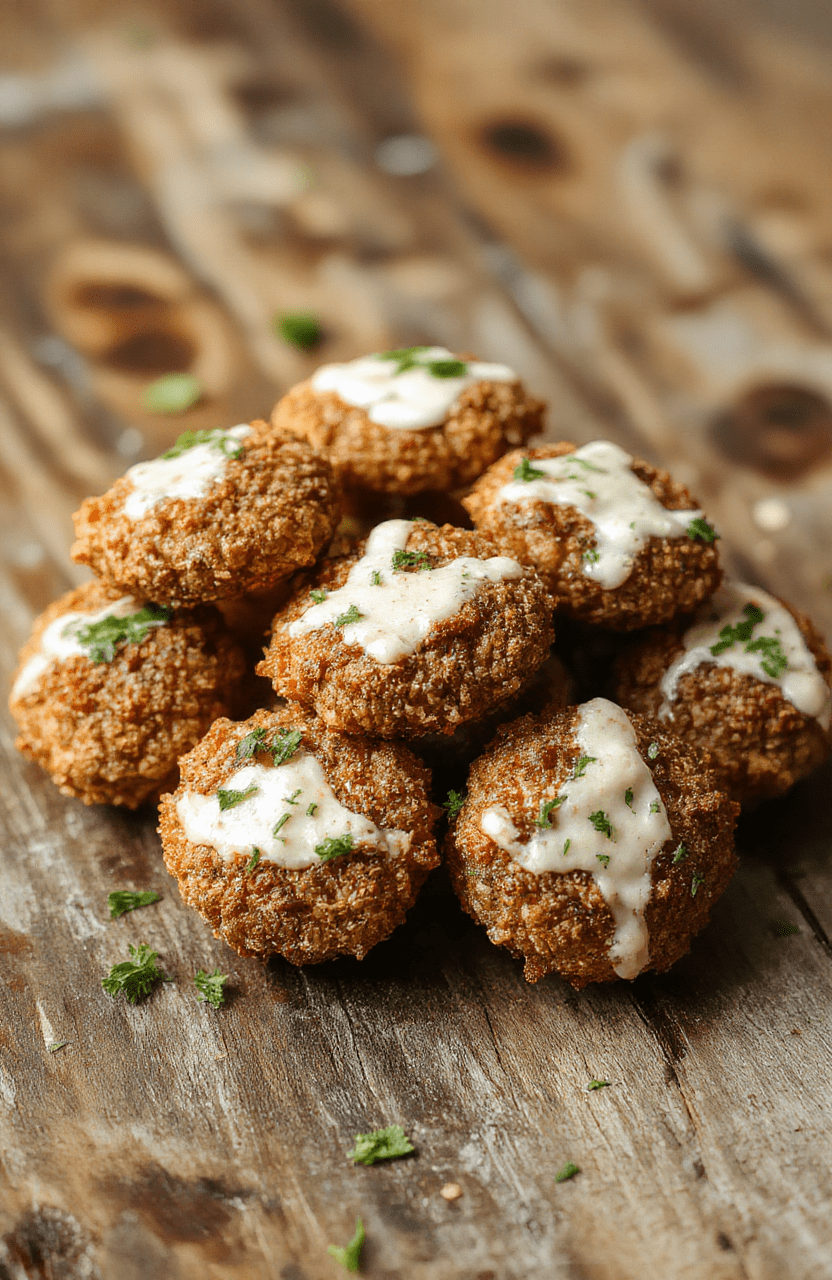 Golden brown crispy mushrooms coated in ranch seasoning, served on a white plate with a garnish of fresh herbs. The mushrooms have a crunchy texture contrasting with a vibrant green salad in the background. The dish is styled simply on a rustic wooden table, showcasing the inviting, savory appearance with a hint of spice and herb herbal accents.