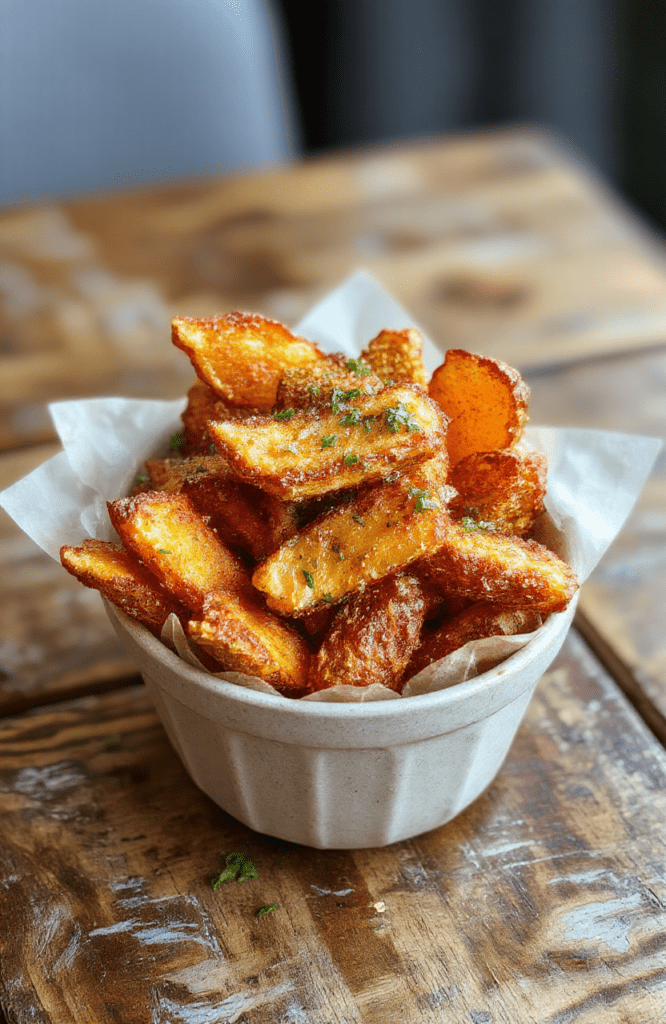 A vibrant white plate filled with golden crispy sweet potato fries, garnished with fresh herbs. The fries have a textured exterior and soft interior, arranged neatly on a rustic wooden table. The background is softly blurred, highlighting the colorful fries with a hint of seasoned spices sprinkled on top. The lighting emphasizes their crispy edges and inviting aroma.