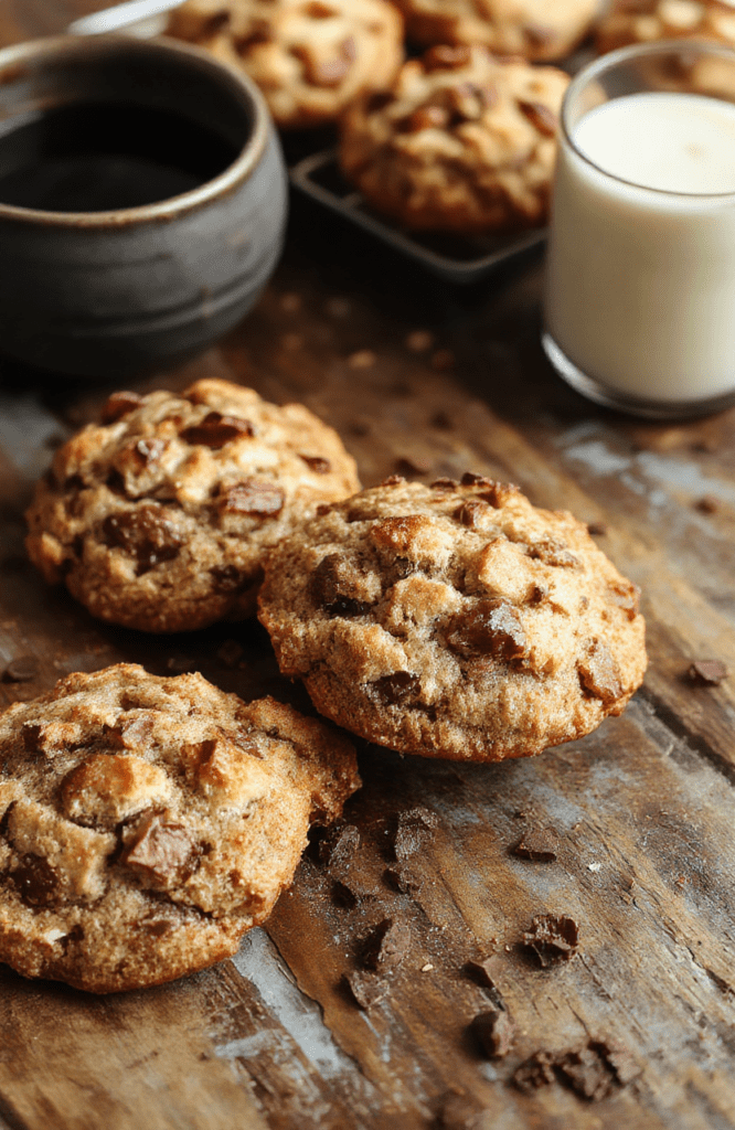 Golden brown crumble-topped coffee cake cookies arranged on a white plate, with a sprinkle of cinnamon and sugar. The cookies look soft and chewy with a crispy, flaky crumble topping, styled on a rustic wooden surface with soft natural daylight highlighting their textures and warm colors.