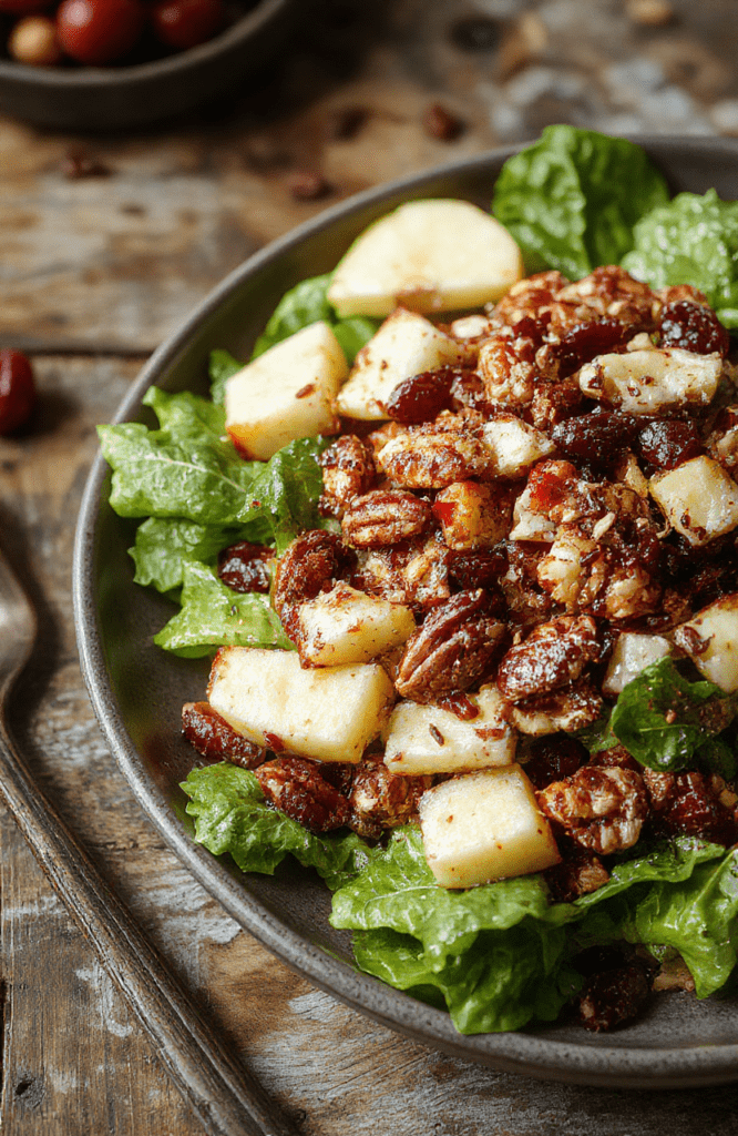 A vibrant bowl of apple cranberry pecan salad featuring crisp apple slices, deep red cranberries, crunchy pecans, and fresh greens, all coated lightly with dressing. The colorful ingredients are artfully arranged on a clean white plate, emphasizing textures and seasonal freshness. The scene is styled simply to highlight the salad's textures and festive appeal, perfect for a holiday side dish.