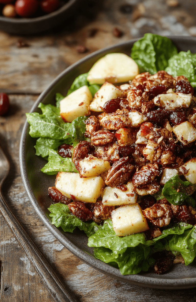 A vibrant bowl of apple cranberry pecan salad featuring crisp apple slices, deep red cranberries, crunchy pecans, and fresh greens, all coated lightly with dressing. The colorful ingredients are artfully arranged on a clean white plate, emphasizing textures and seasonal freshness. The scene is styled simply to highlight the salad's textures and festive appeal, perfect for a holiday side dish.
