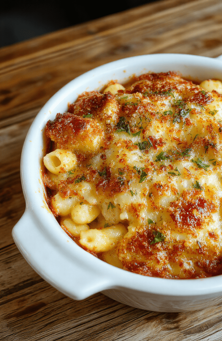 A close-up of a golden-brown, crispy top baked mac and cheese in a rustic white dish, showing gooey melted cheese, tender macaroni, and a crunchy breadcrumb crust, styled with sprigs of fresh herbs on a wooden table.