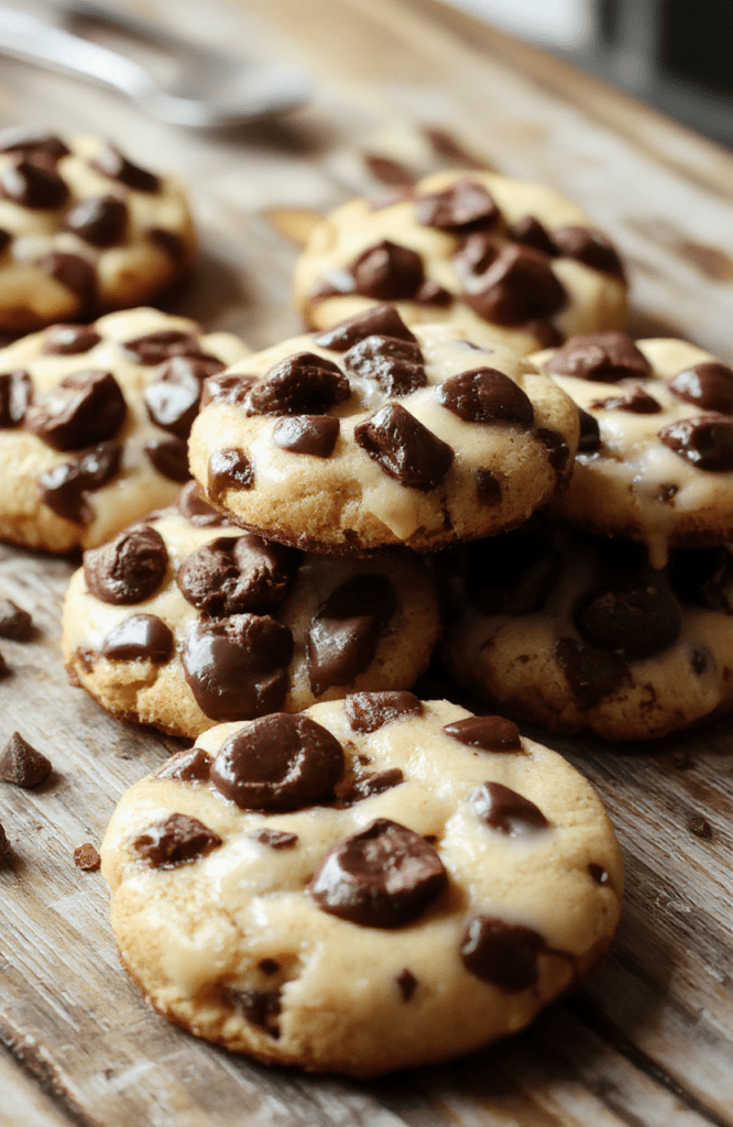 A close-up of golden-brown cheesecake cookies with a creamy cheesecake filling, topped with crumbly graham cracker crust and a drizzle of chocolate, styled on a rustic wooden plate with subtle natural lighting highlighting their texture and creamy layers.