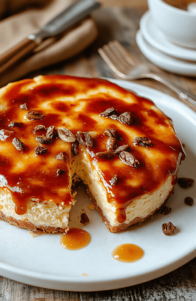 A beautifully plated cheesecake slice with golden brown top, swirls of vanilla bean specks, and a pat of melting brown butter on a rustic white plate, surrounded by vanilla beans and a drizzle of caramel sauce, styled with a touch of edible gold leaf for elegance, set on a wooden table with soft natural daylight highlighting the creamy texture and glossy finish.