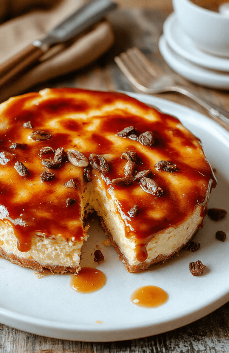 A beautifully plated cheesecake slice with golden brown top, swirls of vanilla bean specks, and a pat of melting brown butter on a rustic white plate, surrounded by vanilla beans and a drizzle of caramel sauce, styled with a touch of edible gold leaf for elegance, set on a wooden table with soft natural daylight highlighting the creamy texture and glossy finish.