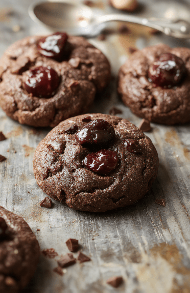 A vibrant plate of decedent chocolate cherry cookies with glossy cherry halves and rich chocolate drizzled over a golden-brown texture, styled on a rustic wooden table with festive holiday decorations in the background.