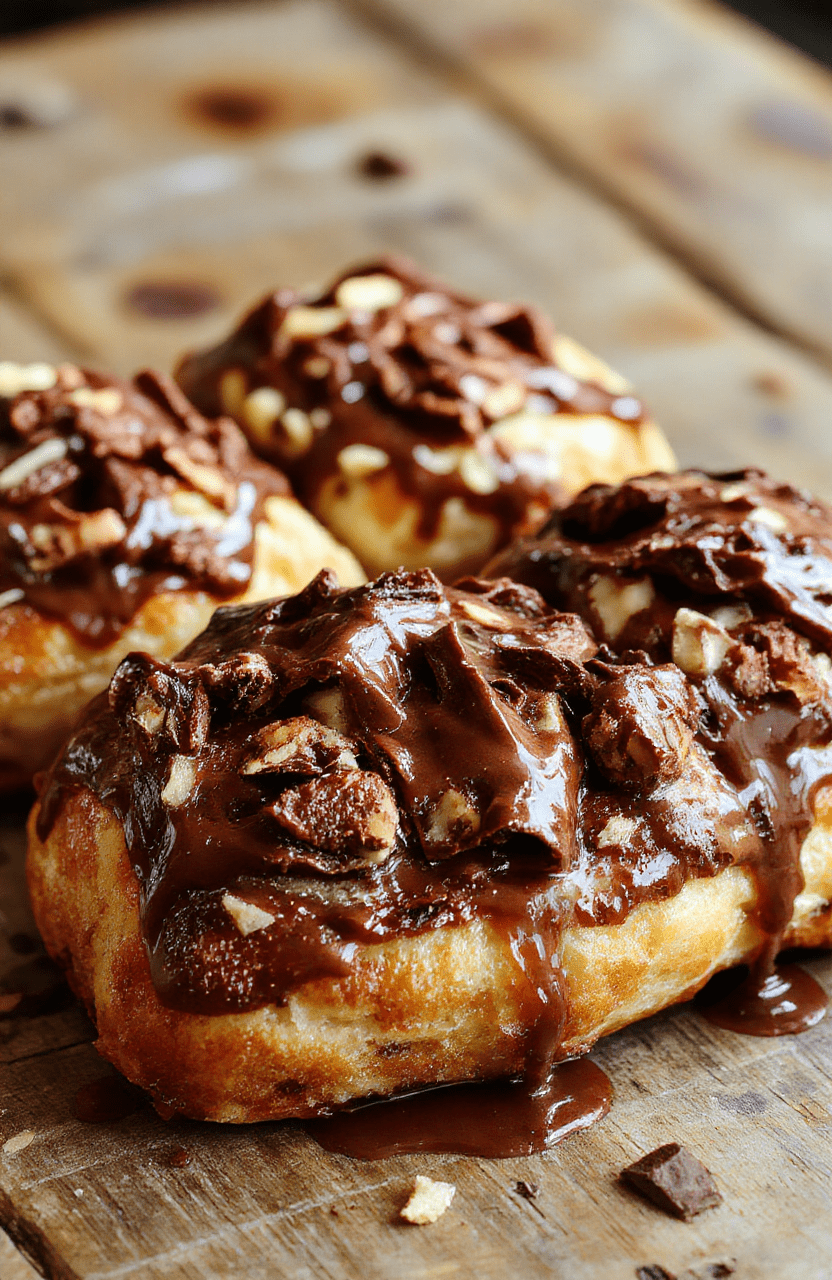 A golden-brown chocolate croissant bake sliced open showcasing gooey melted chocolate and flaky croissant layers, topped with powdered sugar and drizzled with chocolate sauce, styled on a rustic wooden table with fresh berries.