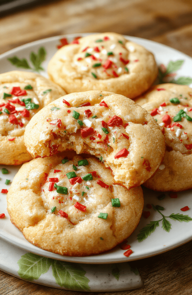 A festive plate of gooey Christmas butter cookies with a glossy glaze, sprinkled with red and green sugar, arranged on a holiday-themed platter. The cookies are soft, chewy, and perfectly golden around the edges, with a smooth, shiny surface accentuated by holiday lighting. The background features soft Christmas decor with warm tones, emphasizing a cozy holiday atmosphere.