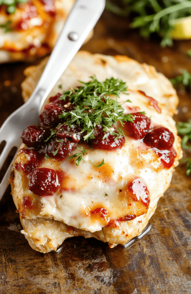 A beautifully plated dish featuring tender chicken topped with melted brie cheese and vibrant cranberry sauce. The dish is garnished with fresh herbs and served on an elegant white plate against a warm holiday-themed table setting, with a side of green vegetables. The textures of creamy cheese, juicy cranberries, and crispy chicken skin are visually appealing, evoking a festive and cozy atmosphere.