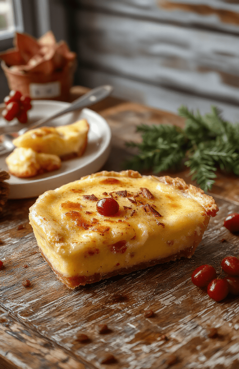 A beautifully sliced decadent custard pie displayed on a rustic wooden table, golden-brown crust filled with smooth creamy custard, topped with a light dusting of cinnamon and fresh whipped cream, styled with holiday-themed accents and soft warm lighting.