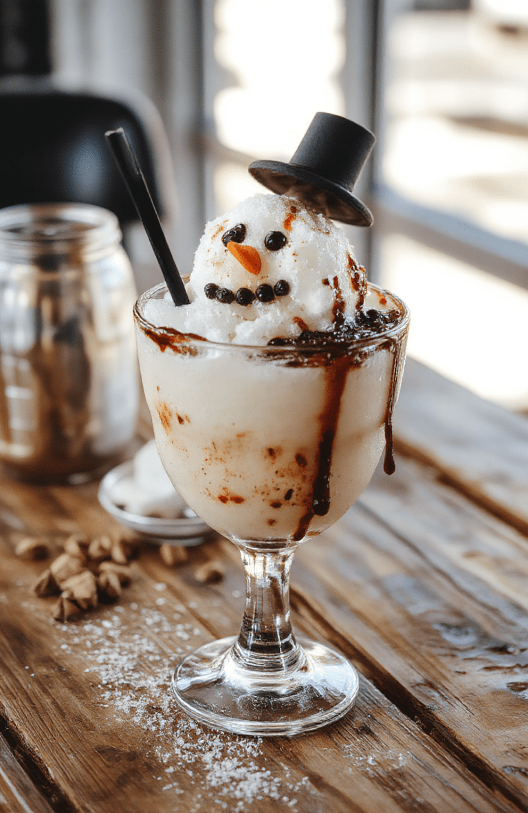 A vibrant glass of Decadent Dirty Snowman Cocktail topped with whipped cream, chocolate shavings, and a mini marshmallow snowman, set against a cozy holiday backdrop with warm lights and festive decorations, highlighting the creamy texture and rich chocolate color of the drink, styled with candy canes and holiday sprigs.